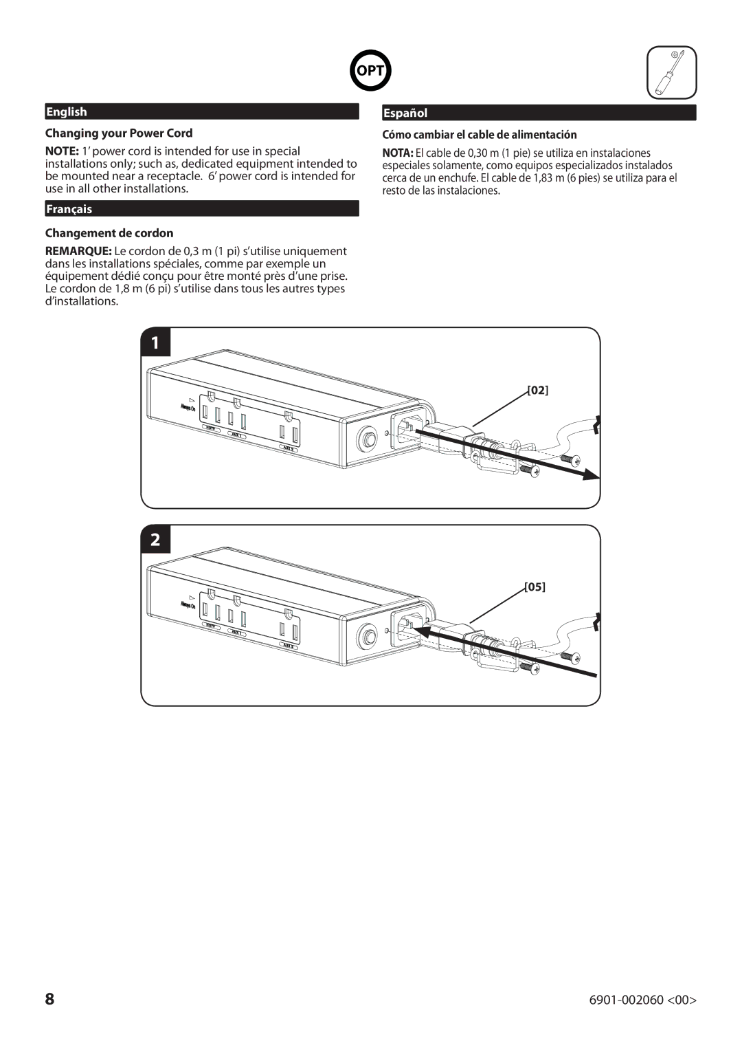 Sanus Systems ELM205 manual Changing your Power Cord, Changement de cordon, Cómo cambiar el cable de alimentación 