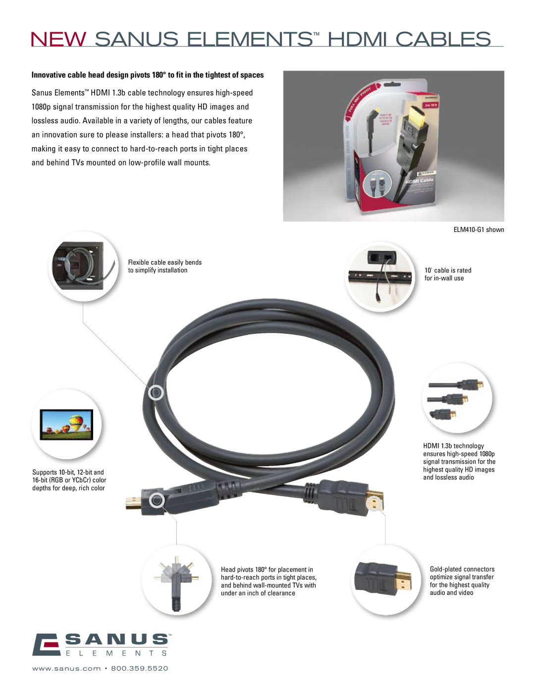 Sanus Systems ELM402-G1, ELM405-G1 manual NEW sanus elements hdmi cables, ELM410-G1 shown 