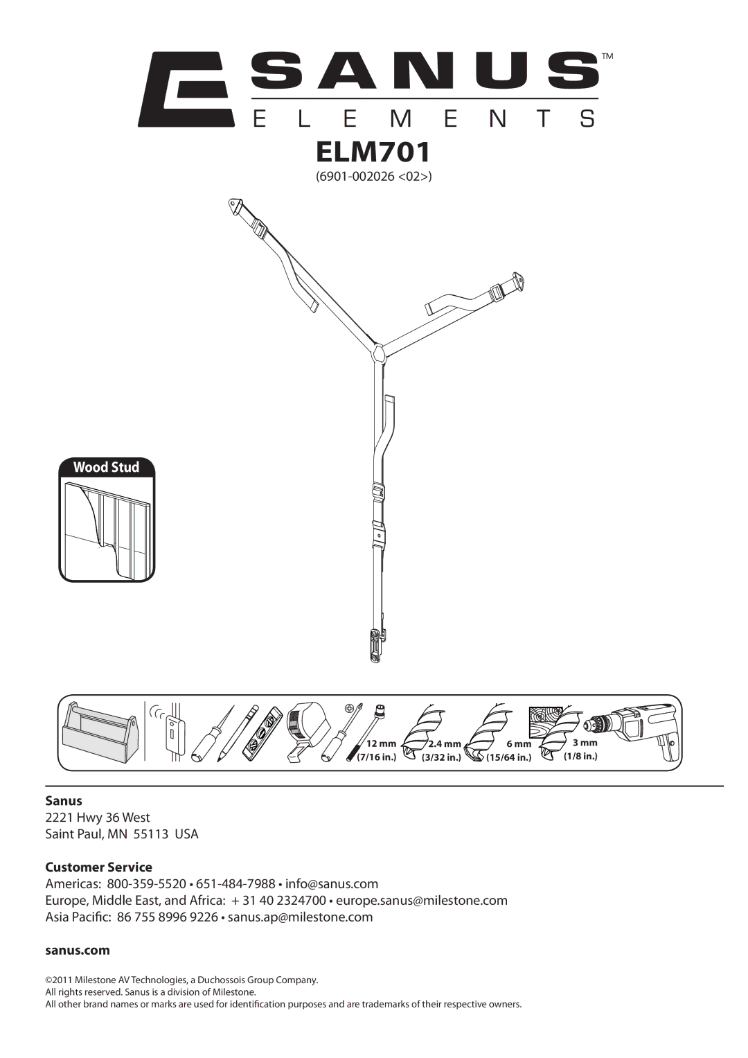 Sanus Systems ELM701 manual 12 mm 