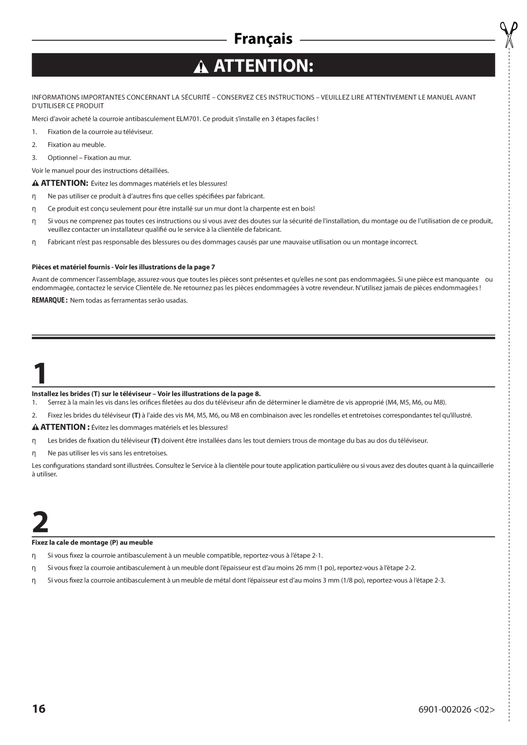 Sanus Systems ELM701 manual Pièces et matériel fournis Voir les illustrations de la, Fixez la cale de montage P au meuble 