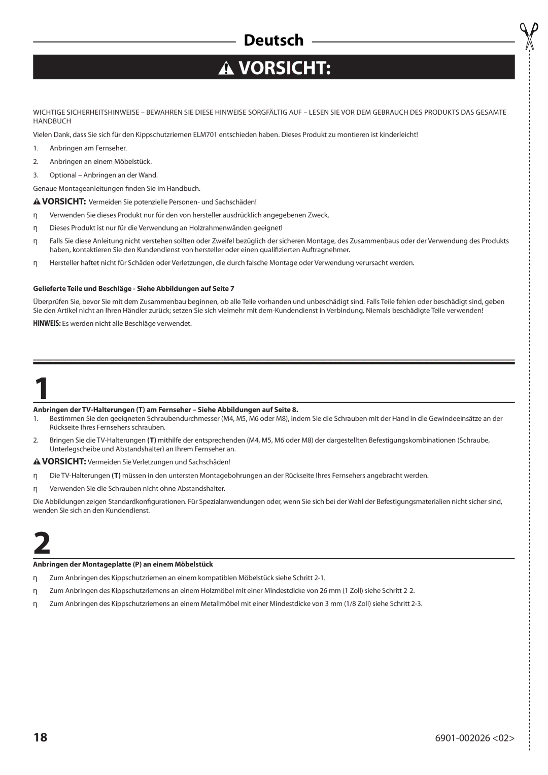 Sanus Systems ELM701 manual Vorsicht, Gelieferte Teile und Beschläge Siehe Abbildungen auf Seite 