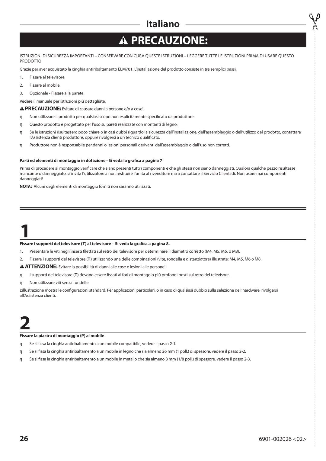 Sanus Systems ELM701 manual Precauzione, Fissare la piastra di montaggio P al mobile 