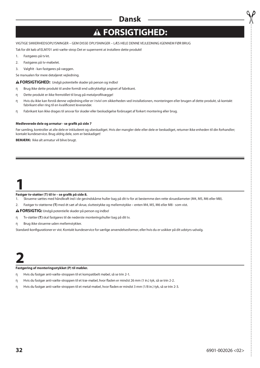 Sanus Systems ELM701 manual Forsigtighed, Medleverede dele og armatur se grafik på side 