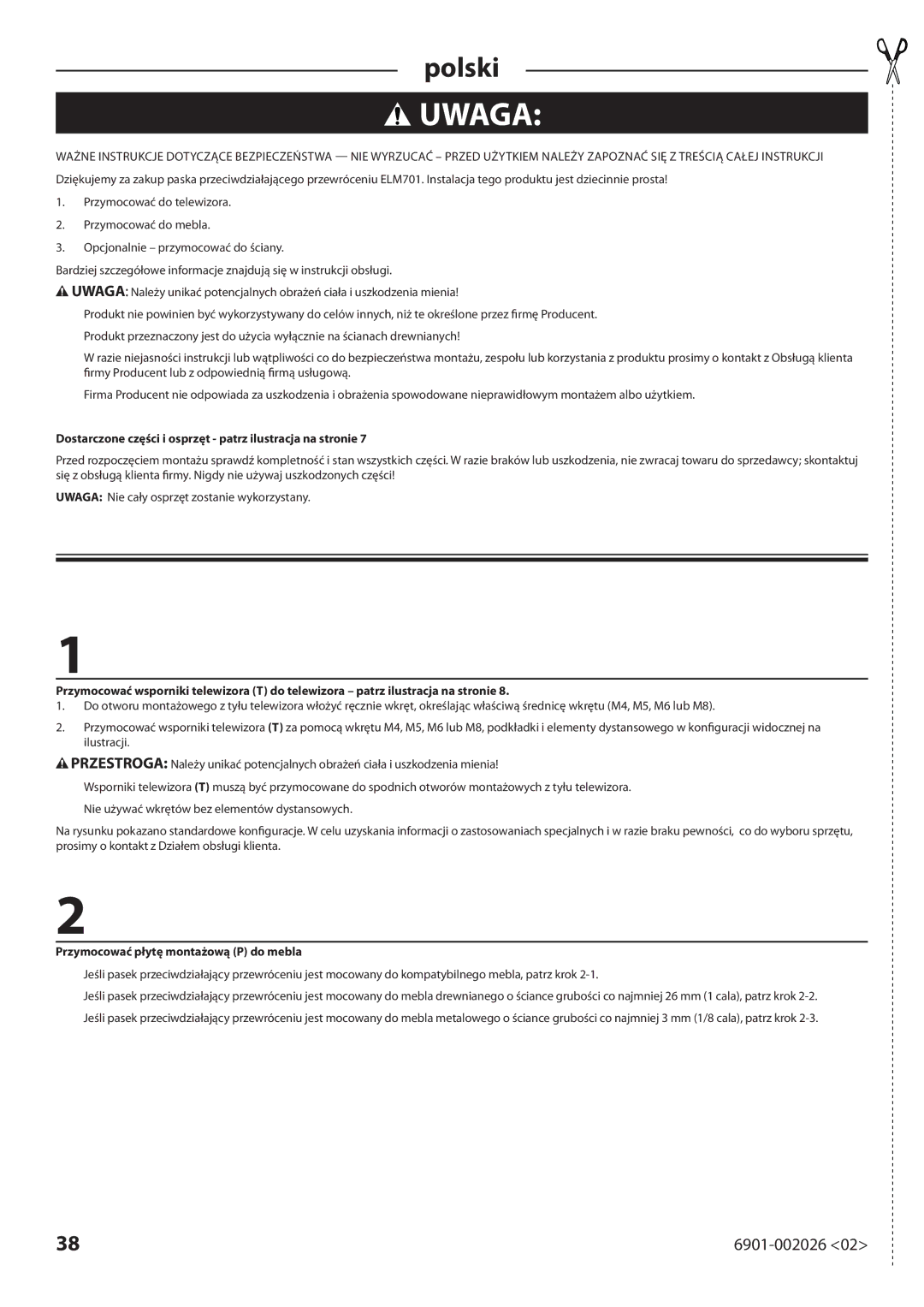 Sanus Systems ELM701 manual Uwaga, Dostarczone części i osprzęt patrz ilustracja na stronie 