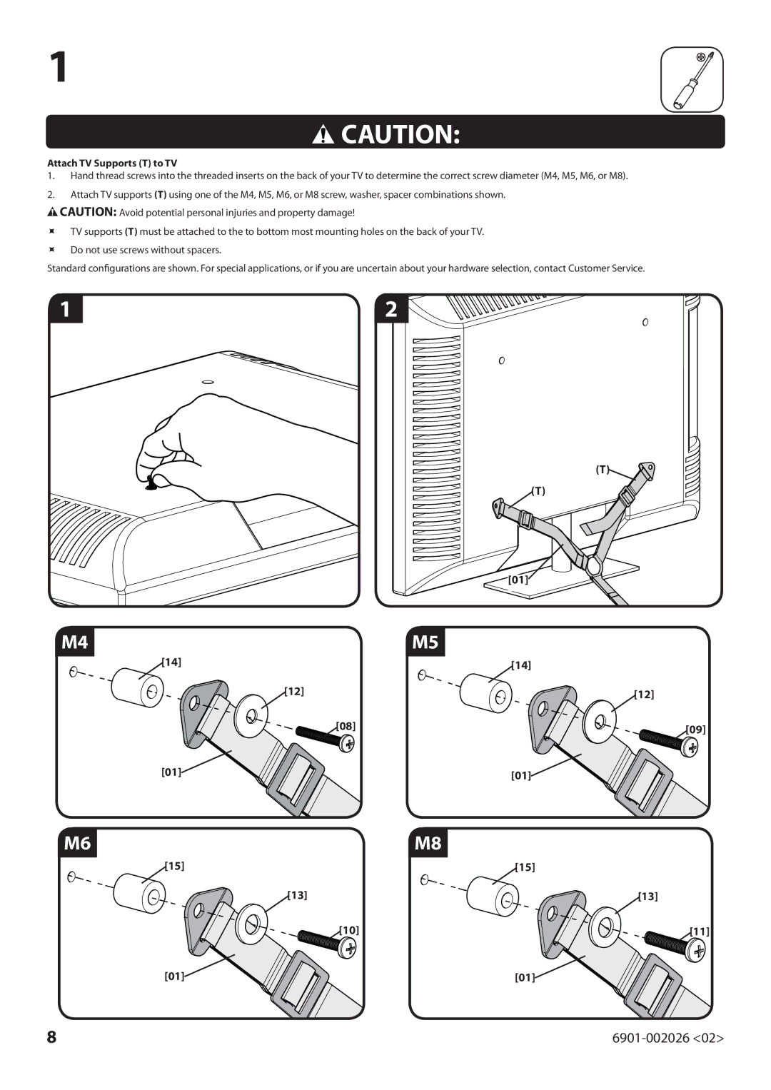 Sanus Systems ELM701 manual 6901-002026, Attach TV Supports T to TV 