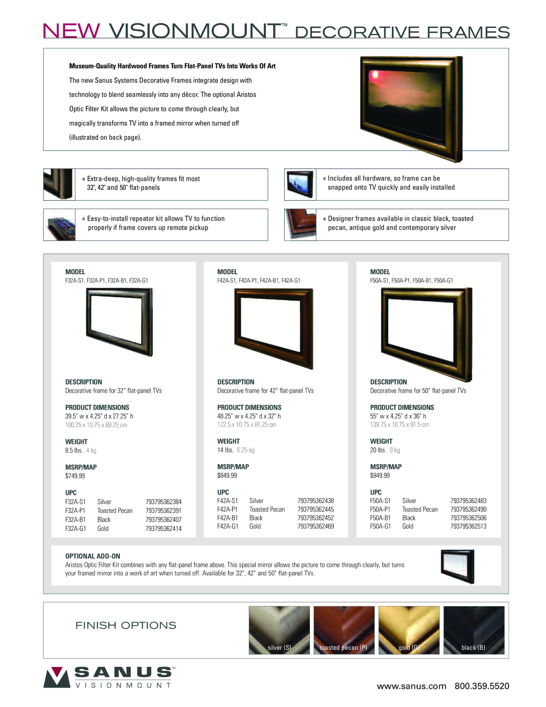 Sanus Systems F42A-S1, F32A-S1 manual NEW Visionmount Decorative Frames, Upc 