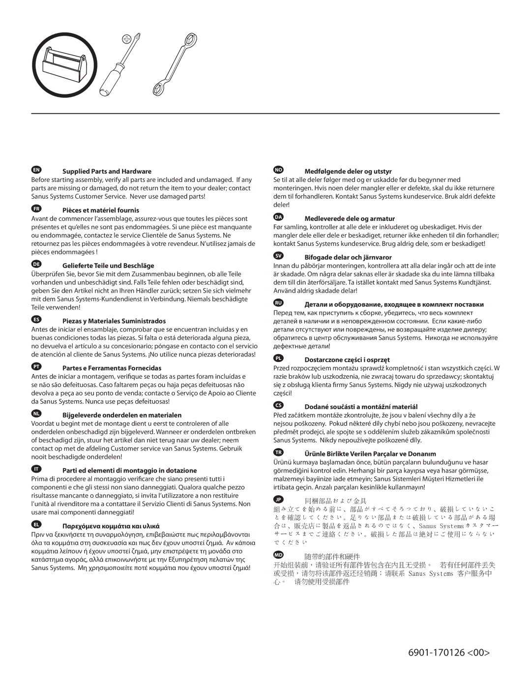 Sanus Systems FFMF2A manual Använd aldrig skadade delar, 随带的部件和硬件 开始组装前，请验证所有部件皆包含在内且无受损。 