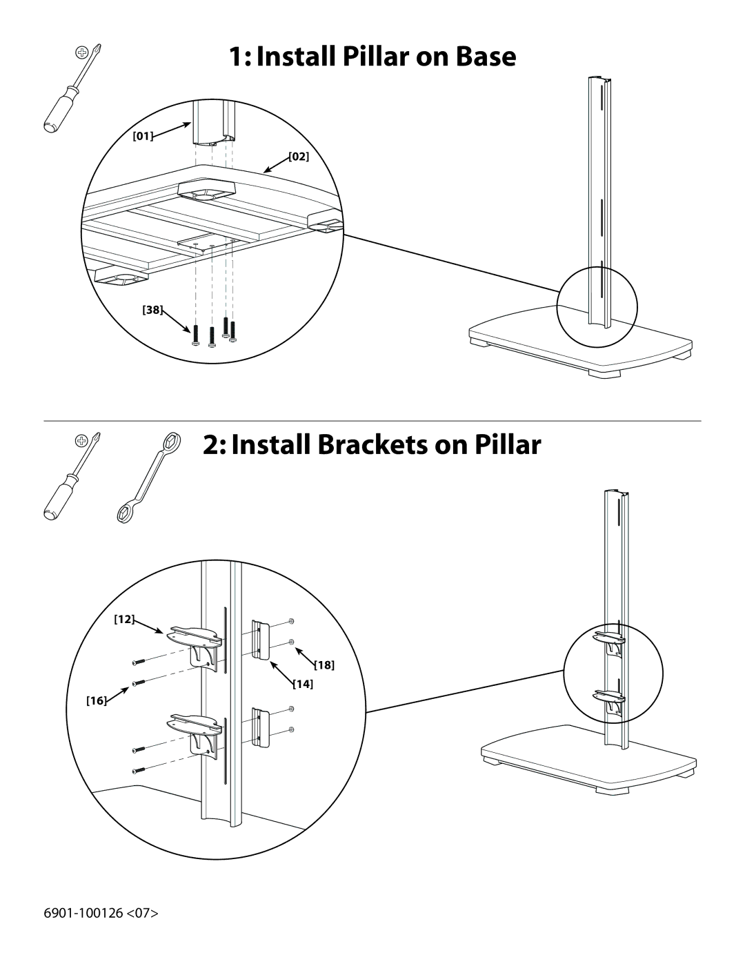 Sanus Systems FFMF2A manual Install Pillar on Base Install Brackets on Pillar 