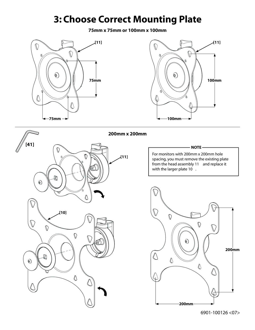 Sanus Systems FFMF2A manual Choose Correct Mounting Plate, 75mm x 75mm or 100mm x 100mm, 200mm x 200mm 