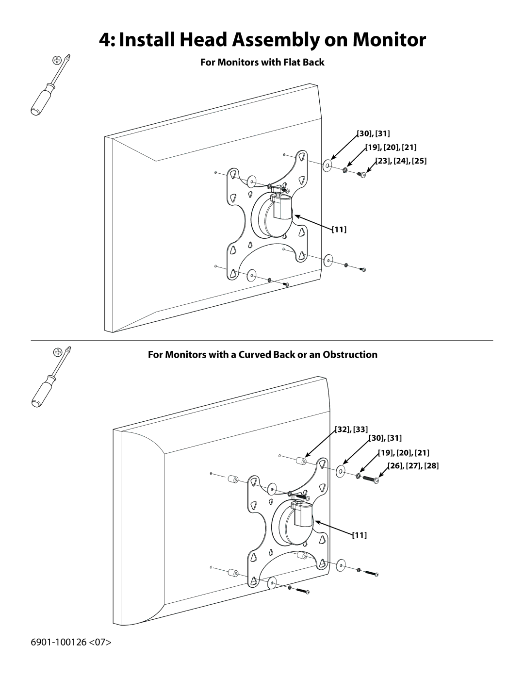 Sanus Systems FFMF2A manual Install Head Assembly on Monitor, For Monitors with Flat Back 