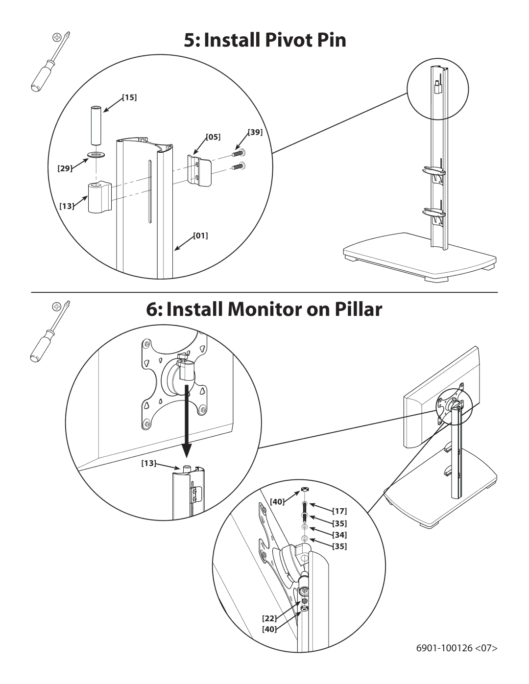 Sanus Systems FFMF2A manual Install Pivot Pin Install Monitor on Pillar 