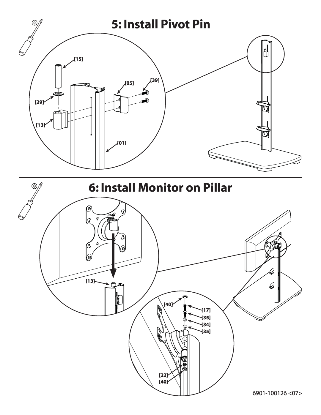 Sanus Systems FFMF2A manual Install Pivot Pin, Install Monitor on Pillar, 6901-100126, 0539, 13 40 17 35 34 