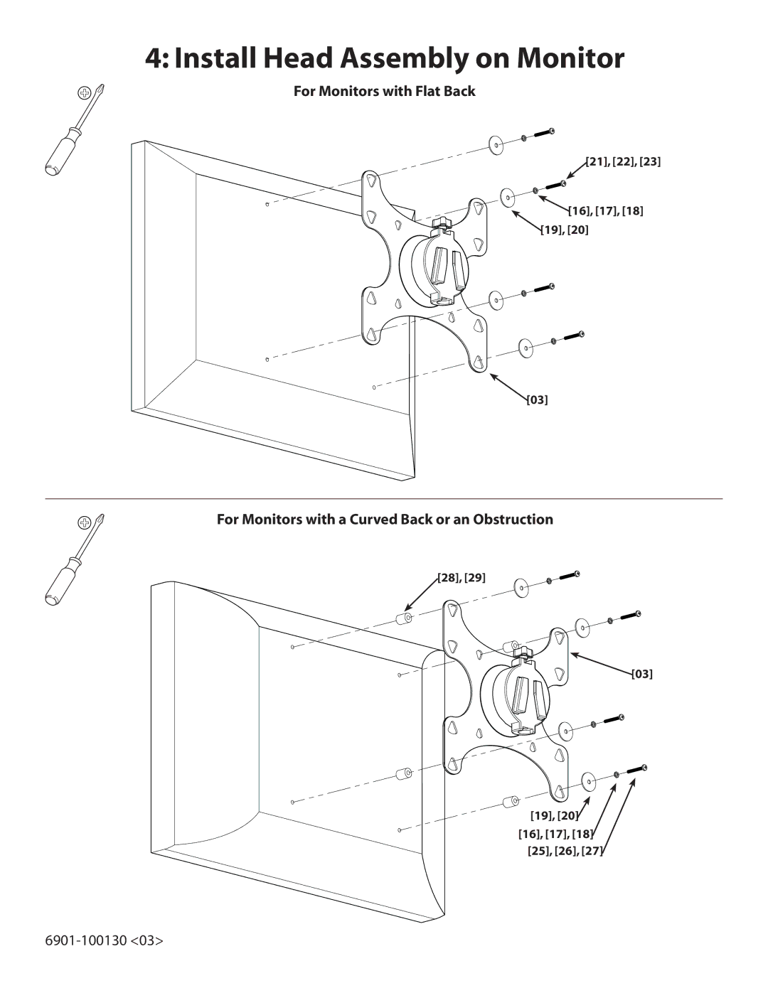 Sanus Systems FFSF1A manual Install Head Assembly on Monitor, For Monitors with Flat Back 