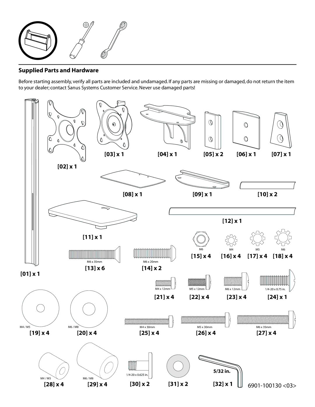 Sanus Systems FFSF1A Supplied Parts and Hardware, 03 x 04 x 05 x 06 x, 02 x 08 x 09 x, 11 x, 13 x 01 x, 14 x 12 x, 27 x 