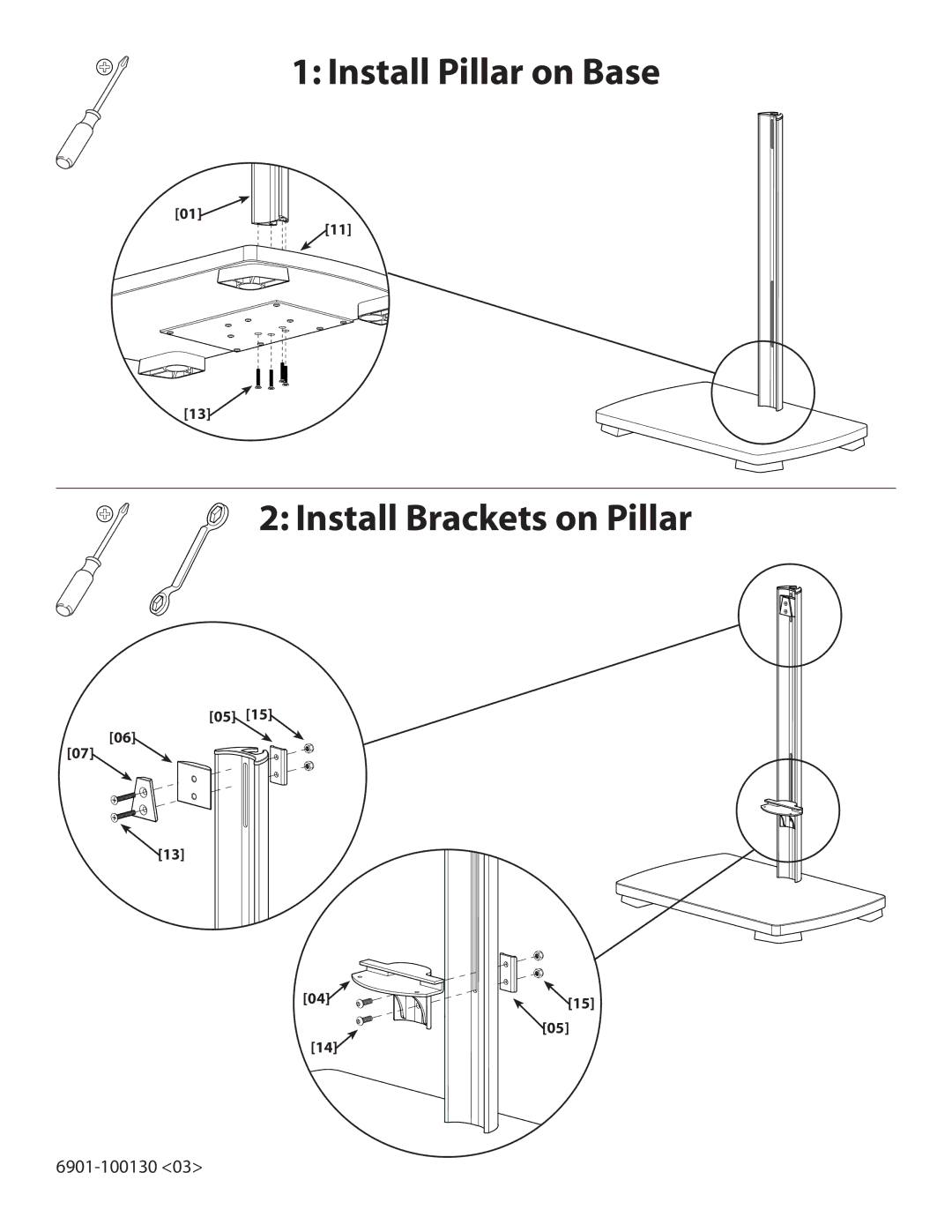 Sanus Systems FFSF1A manual Install Pillar on Base Install Brackets on Pillar 