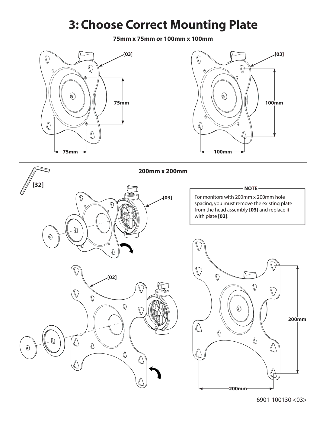 Sanus Systems FFSF1A manual Choose Correct Mounting Plate, 75mm x 75mm or 100mm x 100mm, 200mm x 200mm 