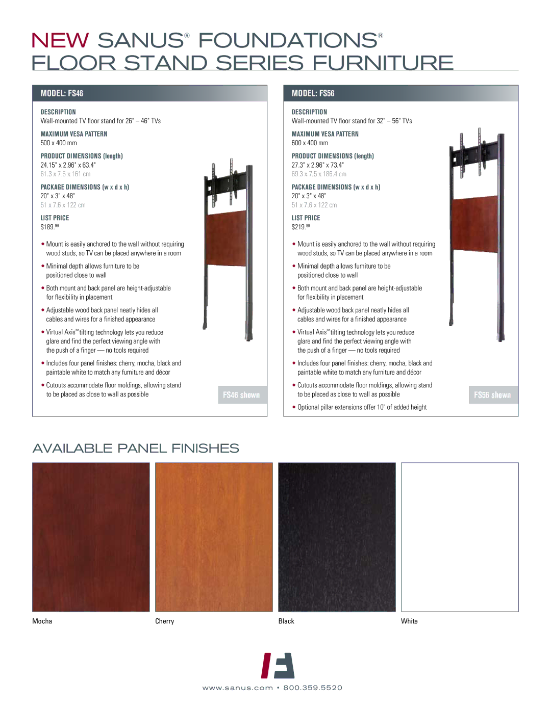 Sanus Systems FS45 manual Model FS46, Model FS56, Description, Package dimensions w x d x h 20 x 3 x 