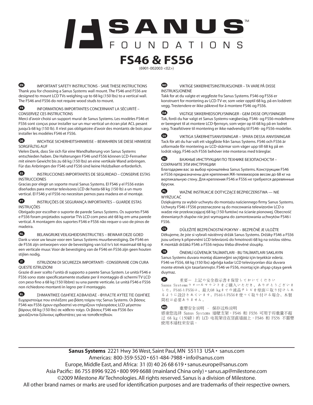 Sanus Systems important safety instructions FS46 & FS56 