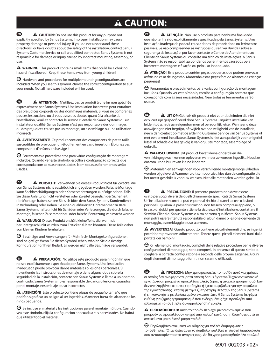 Sanus Systems FS46, FS56 important safety instructions 6901-002003 