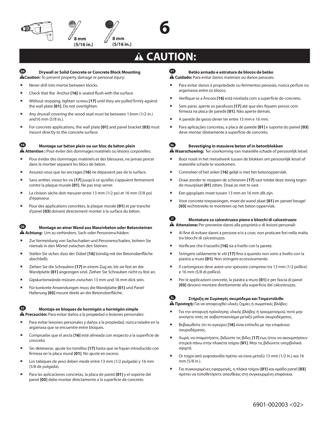 Sanus Systems FS46, FS56 important safety instructions EN Drywall or Solid Concrete or Concrete Block Mounting 