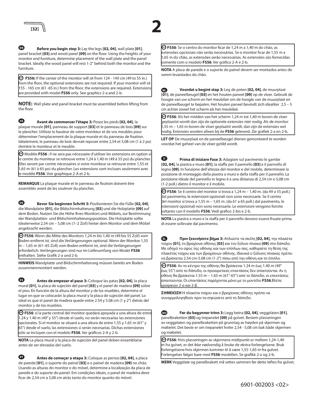 Sanus Systems FS46, FS56 important safety instructions EN Before you begin Lay the legs 02, 04, wall plate 