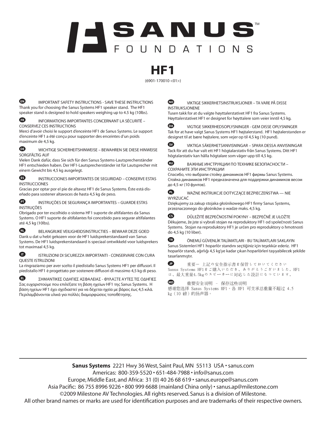 Sanus Systems HF1 important safety instructions 