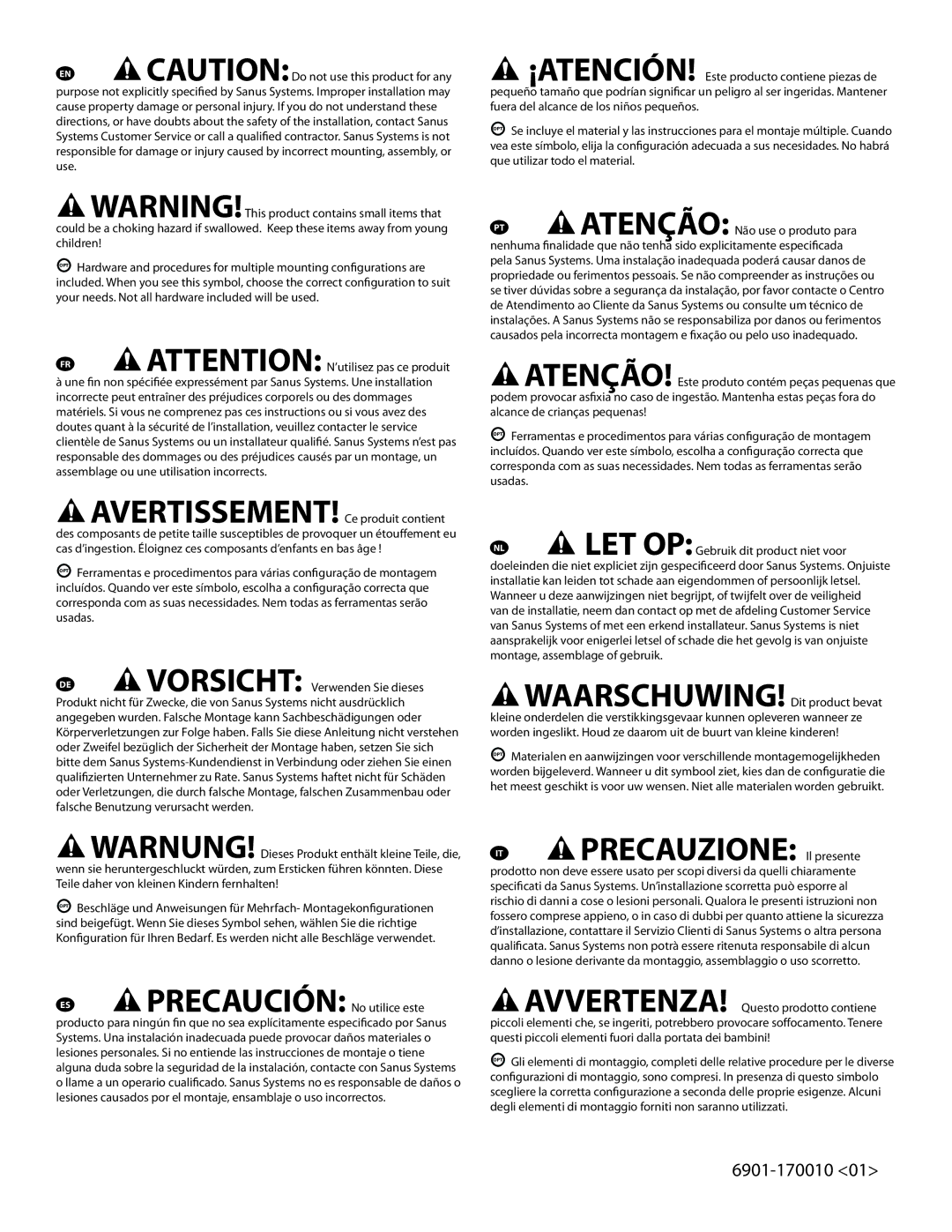 Sanus Systems HF1 important safety instructions Precauzione Il presente, LET OPGebruik dit product niet voor 