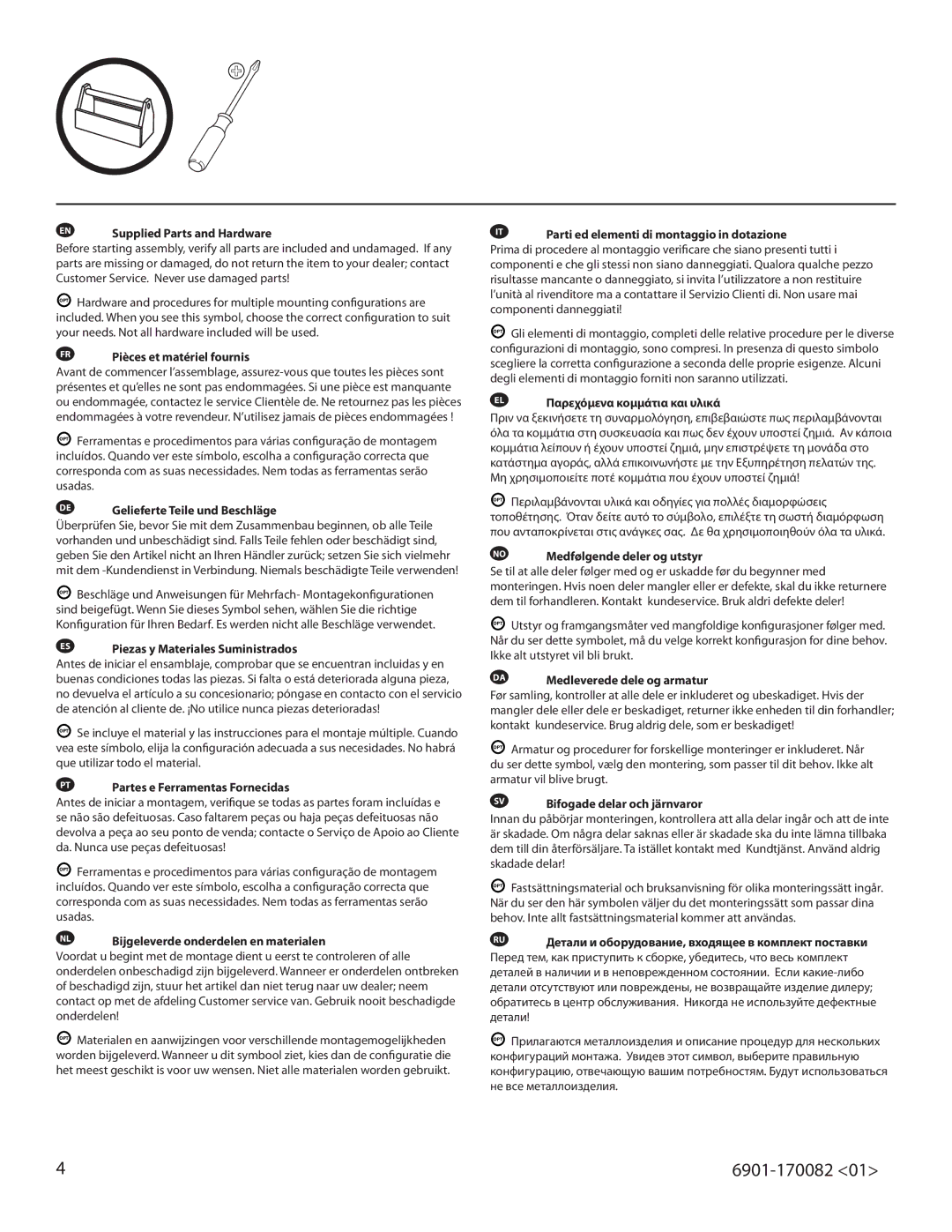 Sanus Systems HTB7 important safety instructions EN Supplied Parts and Hardware 