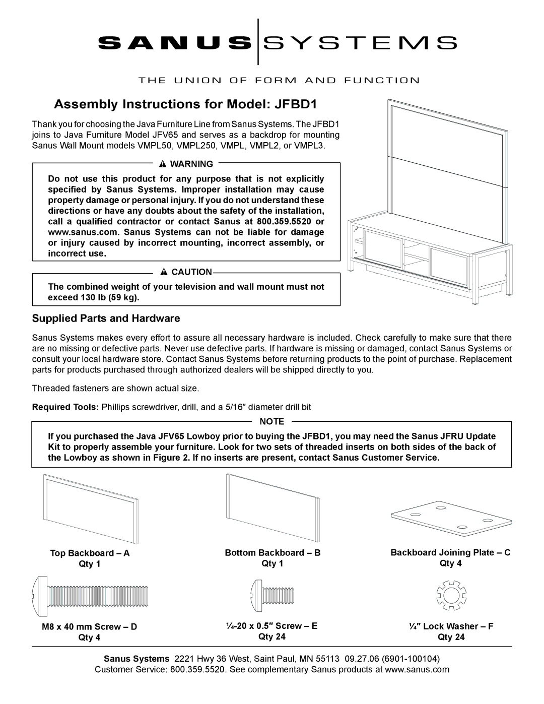 Sanus Systems manual Assembly Instructions for Model JFBD1, Supplied Parts and Hardware 