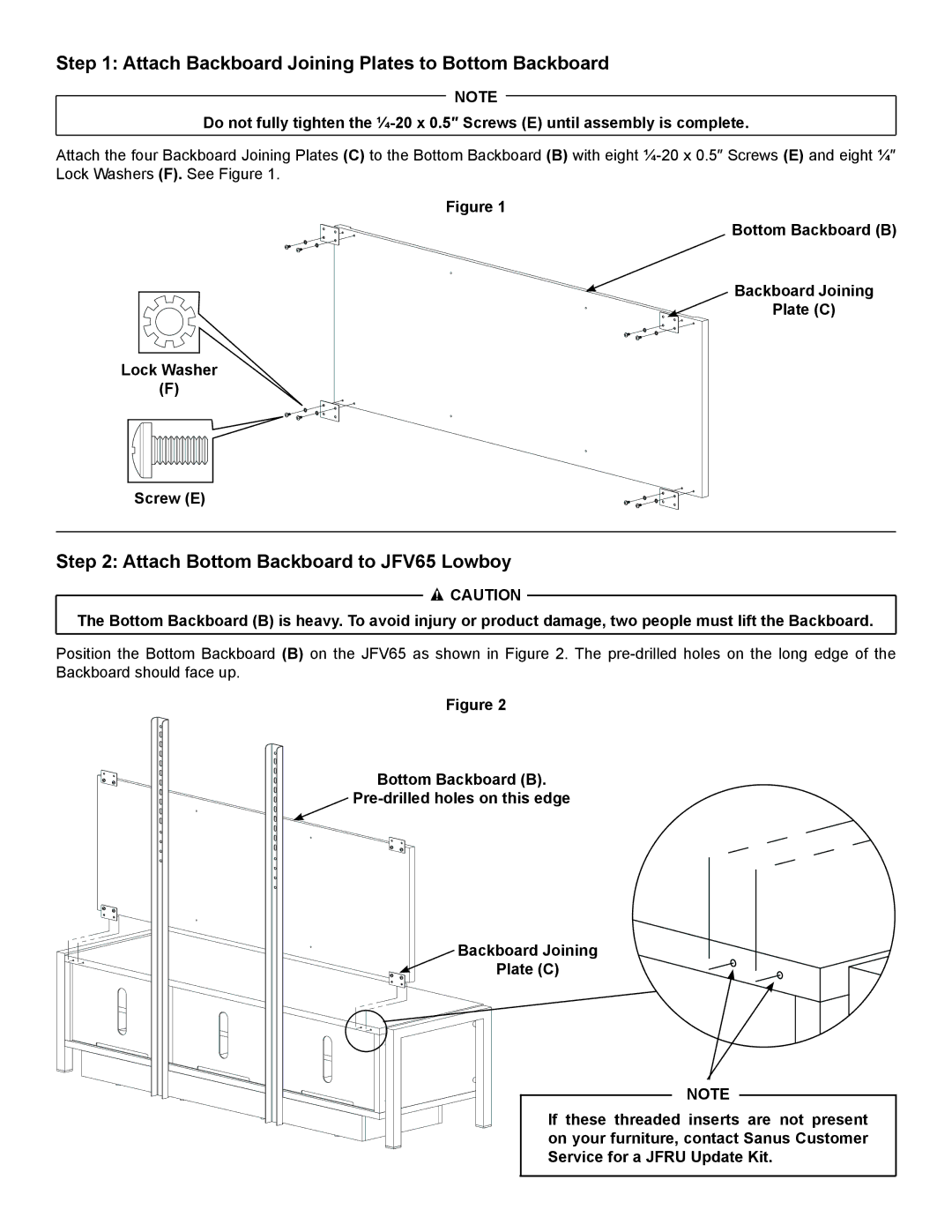 Sanus Systems JFBD1 manual Attach Backboard Joining Plates to Bottom Backboard, Attach Bottom Backboard to JFV65 Lowboy 