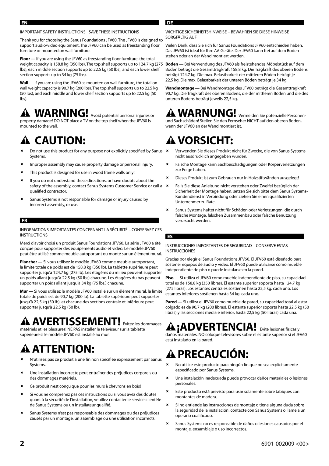 Sanus Systems JFV60 manual Precaución 