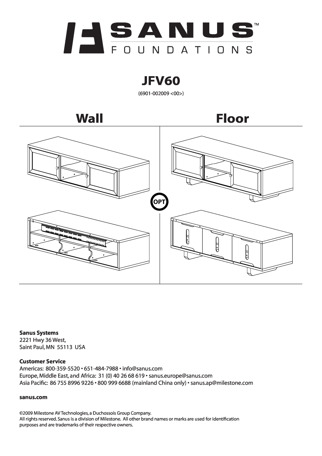 Sanus Systems JFV60 manual Wall, Floor, Sanus Systems, Customer Service, sanus.com 
