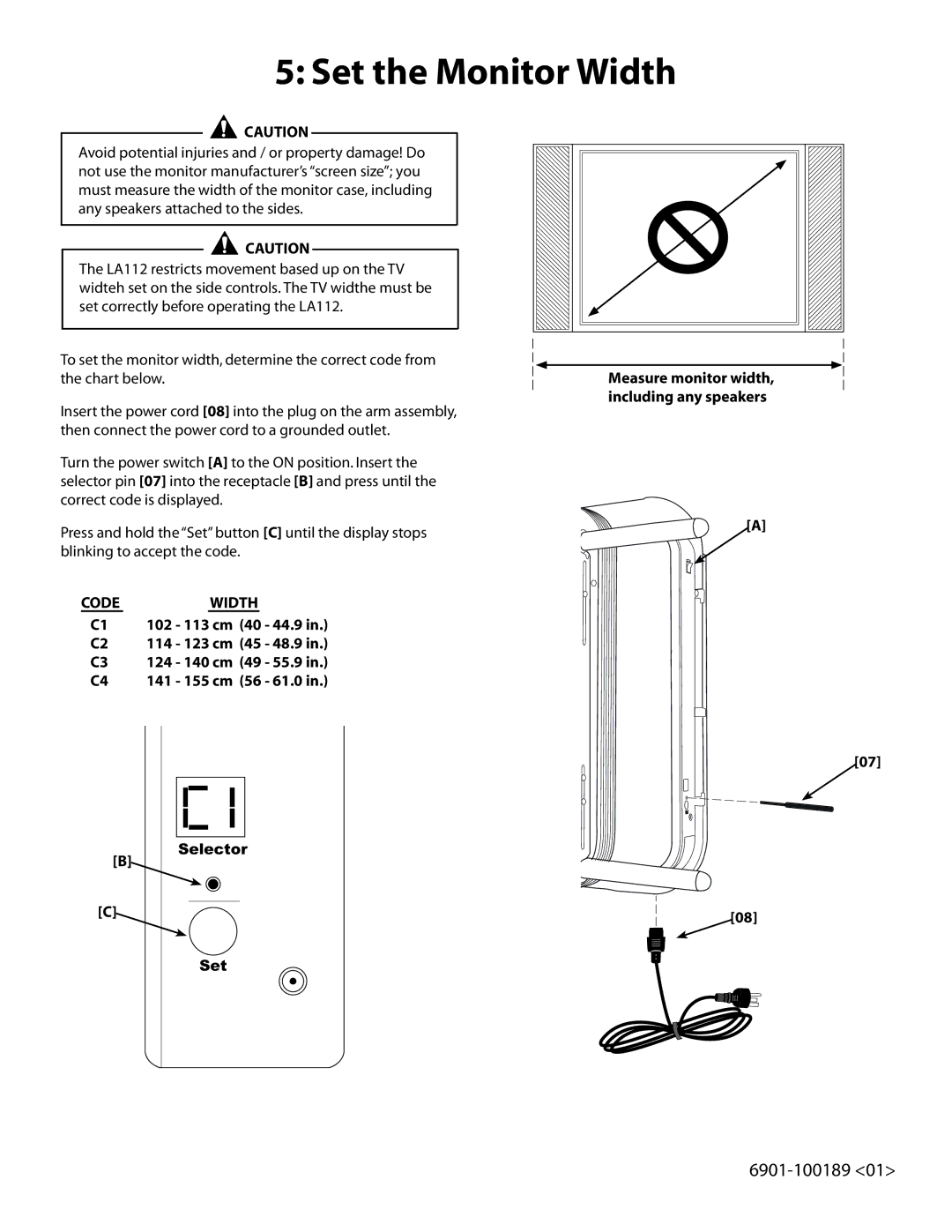 Sanus Systems LA112 manual Set the Monitor Width, Selector Set 