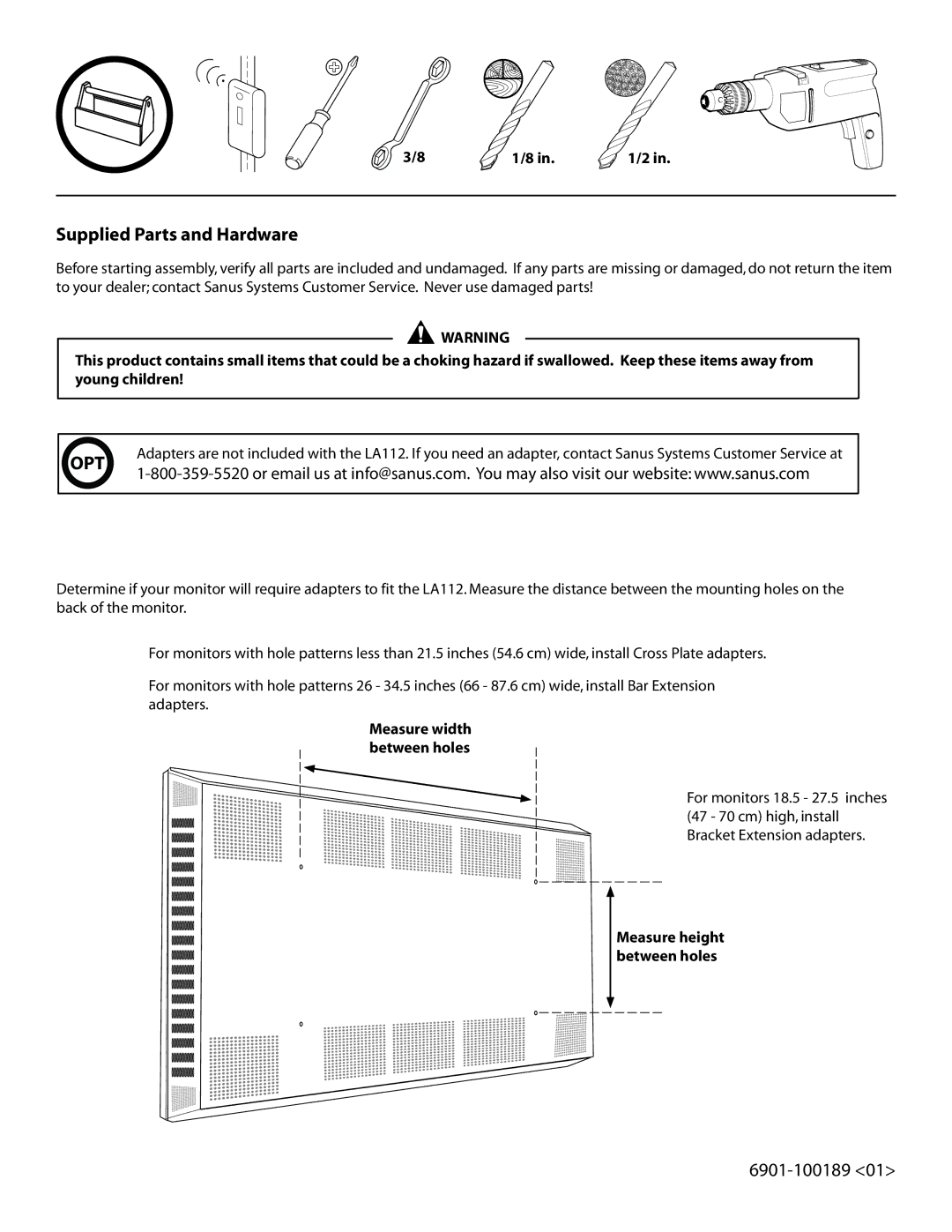 Sanus Systems LA112 manual Supplied Parts and Hardware, Measure width between holes, Measure height between holes 