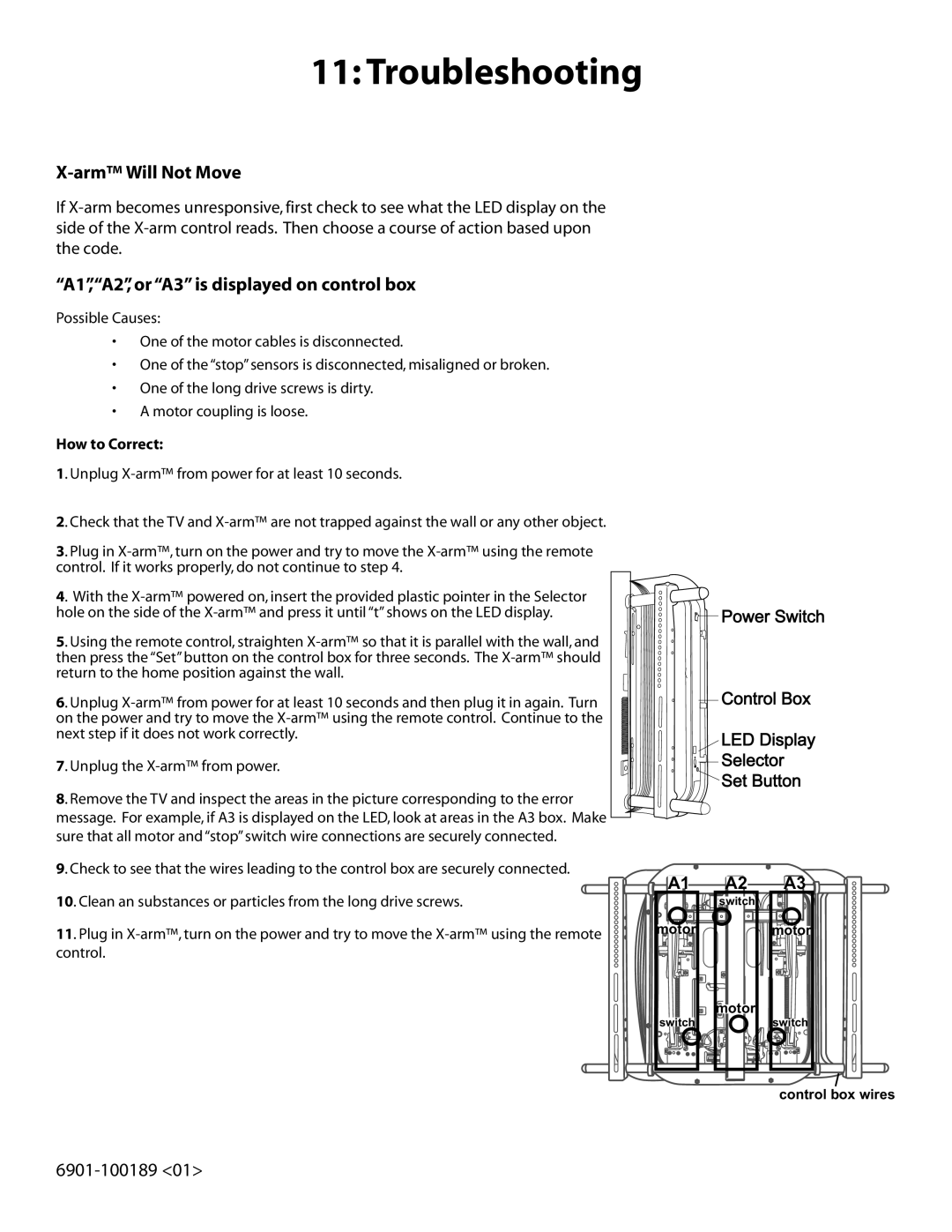 Sanus Systems LA112 manual Troubleshooting, Arm Will Not Move, A1,A2, or A3 is displayed on control box, How to Correct 