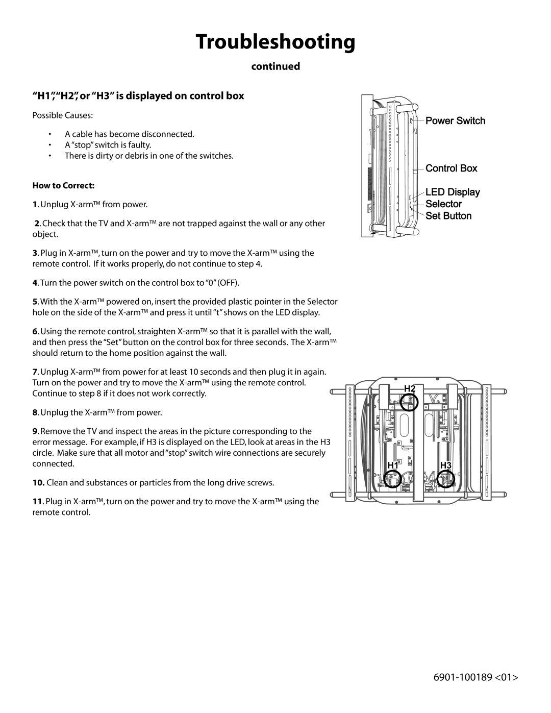 Sanus Systems LA112 manual H1,H2, or H3 is displayed on control box 