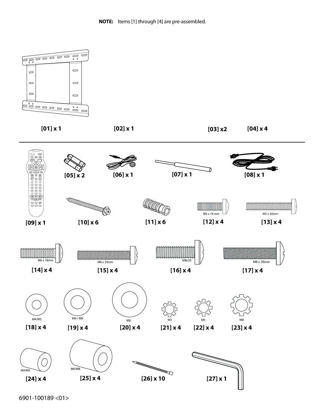 Sanus Systems LA112 manual 01 x 02 x 04 x, 05 x 06 x 07 x, 10 x 11 x 12 x 08 x, 14 x, 15 x, 16 x 17 x, 18 x, 20 x 21 x 