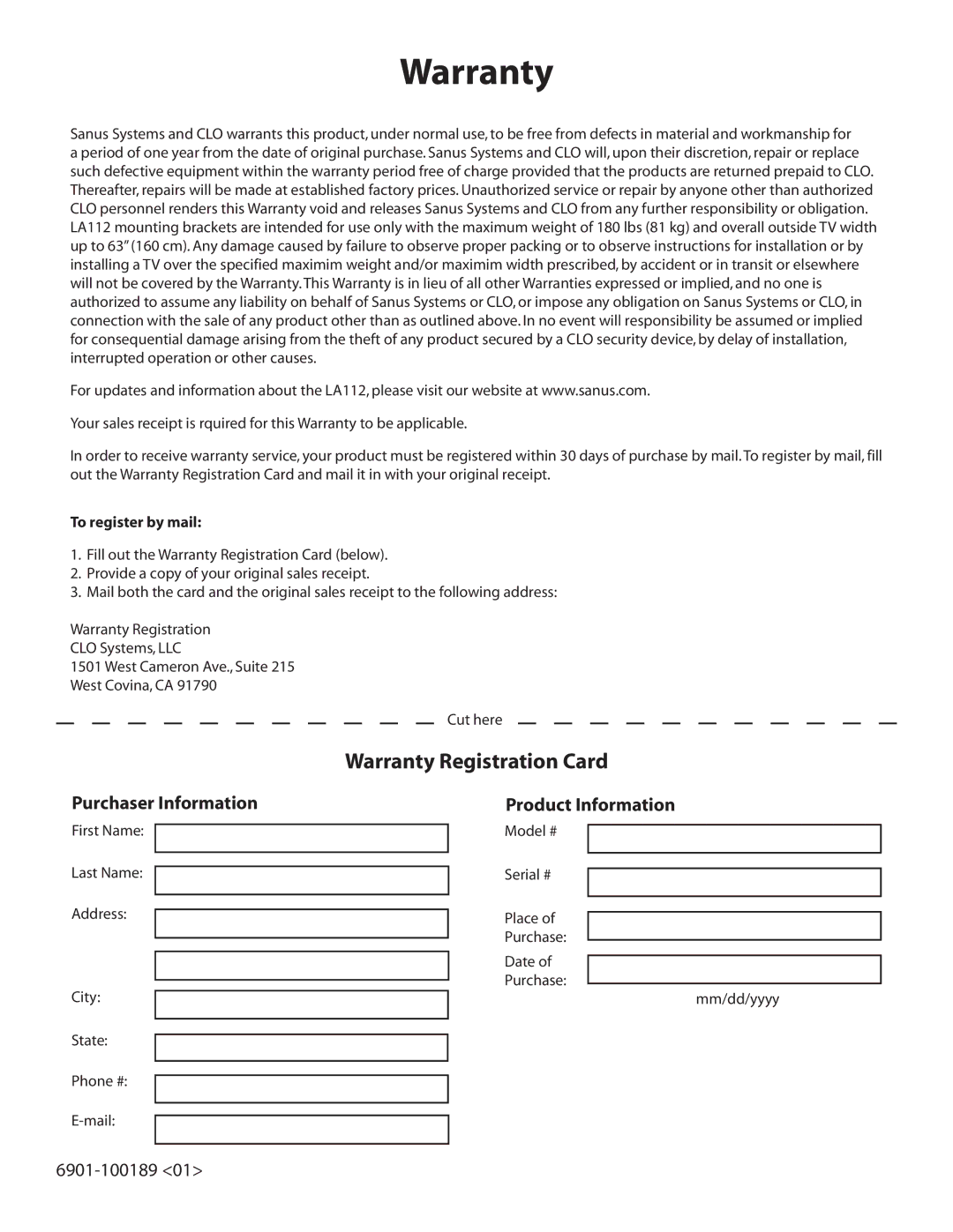 Sanus Systems LA112 manual Warranty, Purchaser Information, Product Information, To register by mail 