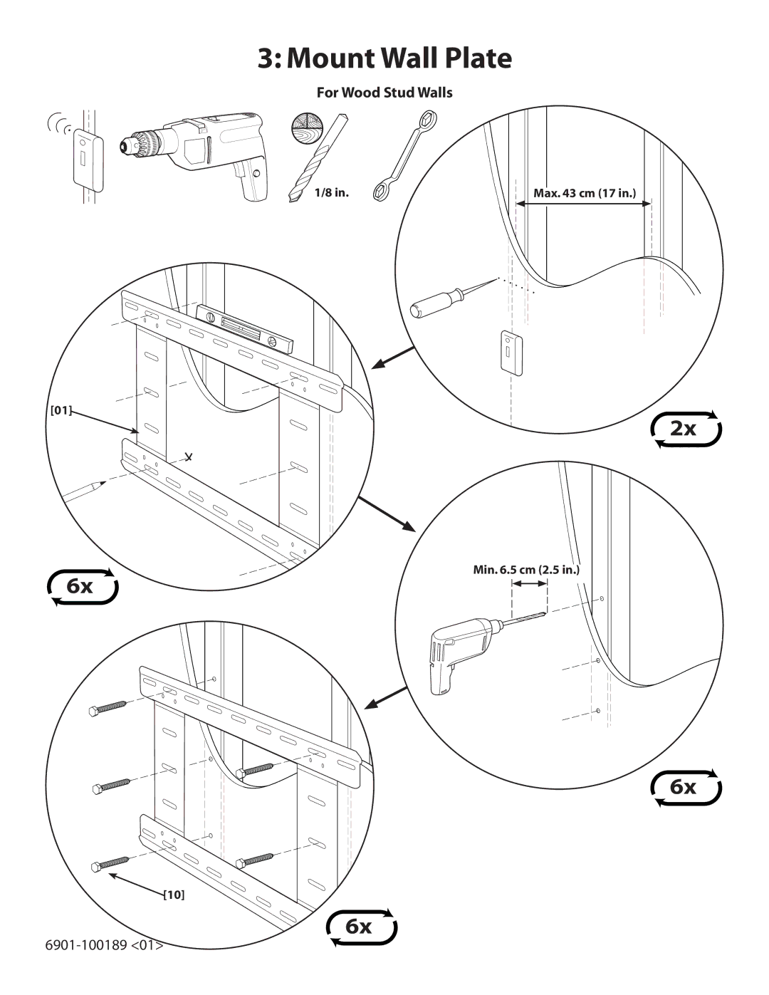 Sanus Systems LA112 manual Mount Wall Plate, For Wood Stud Walls, Min .5 cm 2.5 