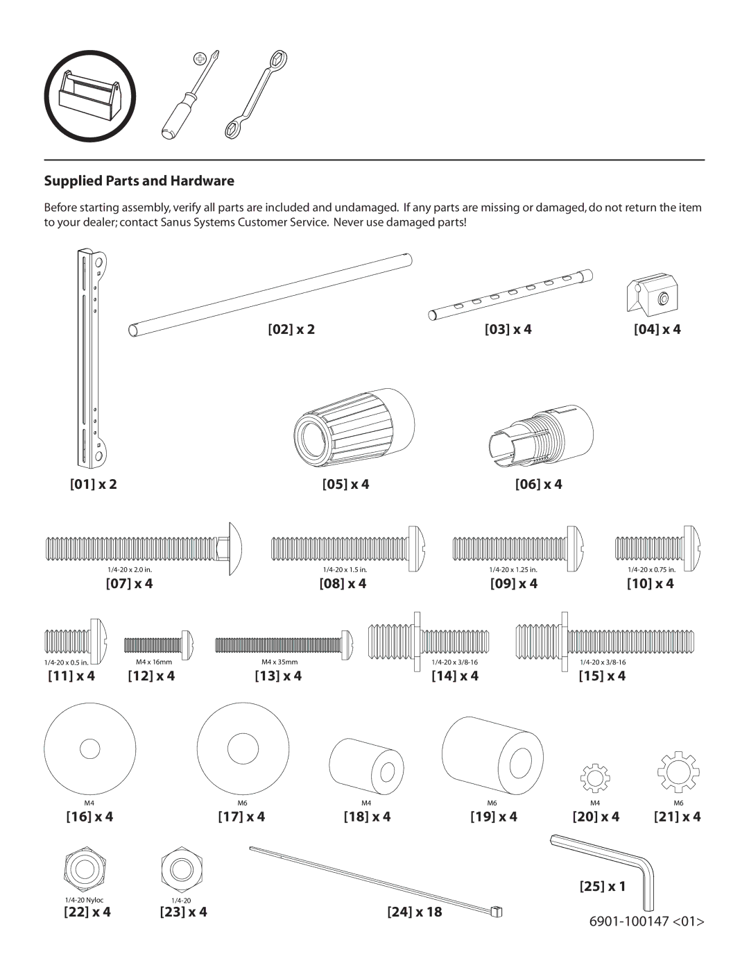 Sanus Systems LAS1A manual Supplied Parts and Hardware, 02 x 03 x, 01 x 05 x, 07 x 08 x 09 x, 11 x 12 x, 14 x, 25 x 