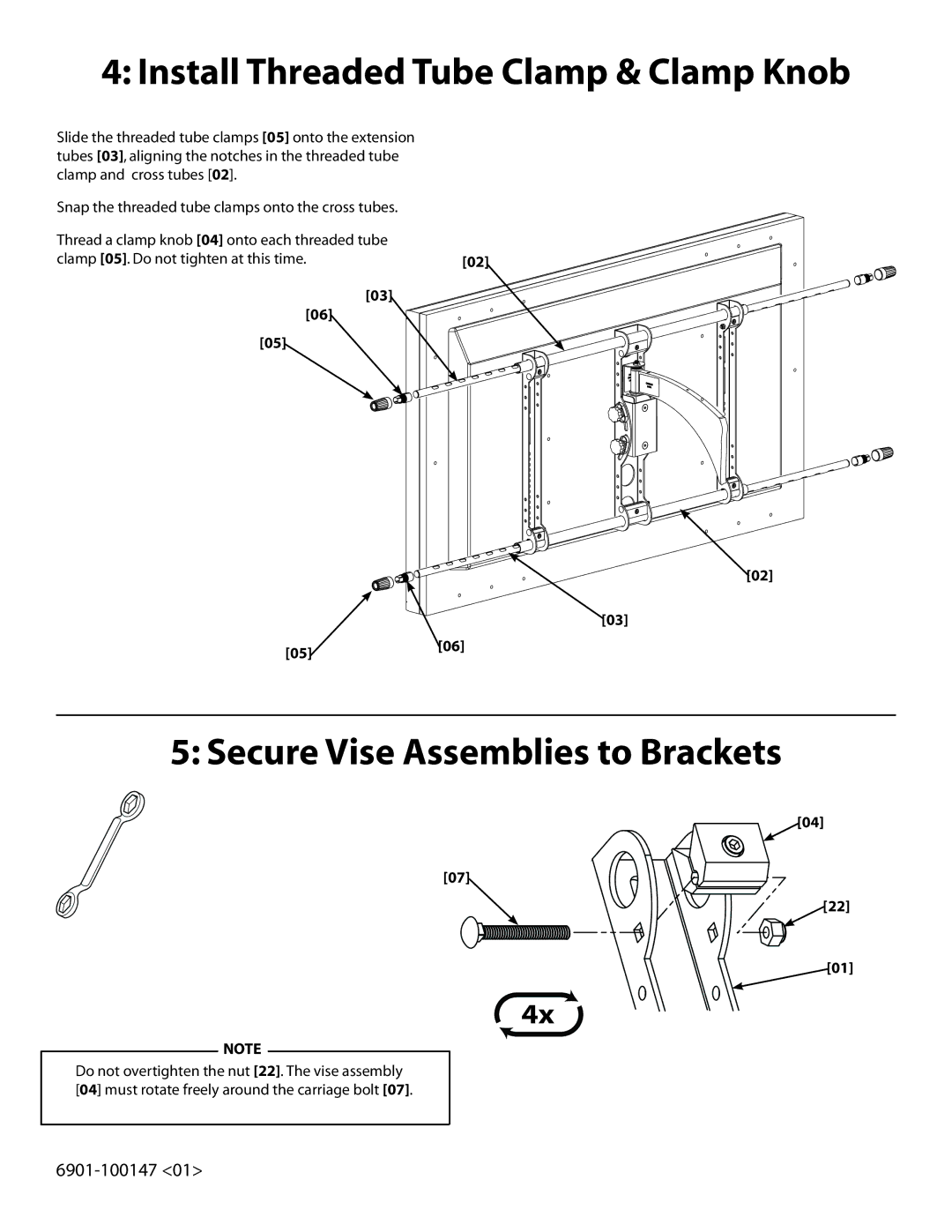 Sanus Systems LAS1A manual Install Threaded Tube Clamp & Clamp Knob, Secure Vise Assemblies to Brackets 