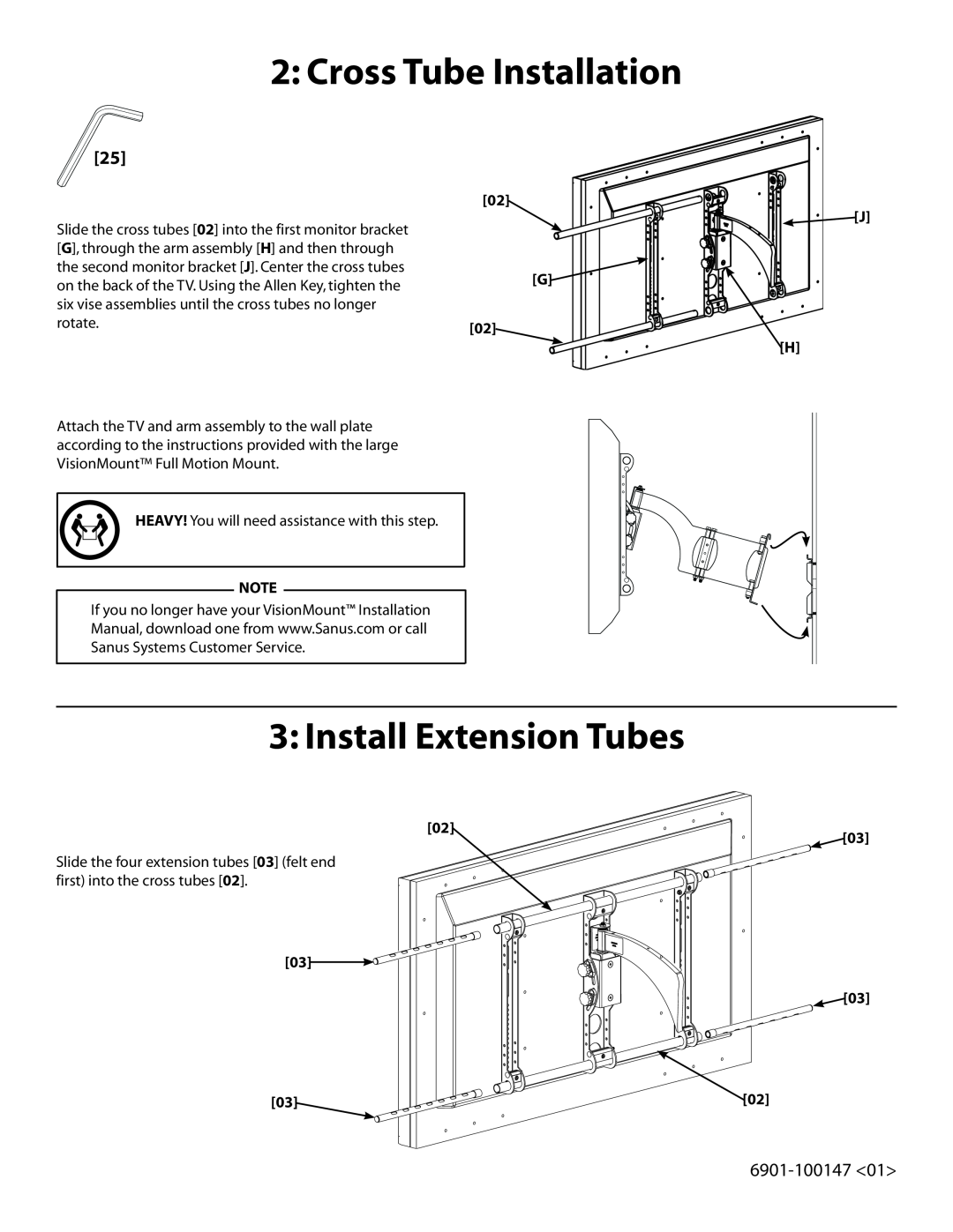 Sanus Systems LAS1A manual Cross Tube Installation, Install Extension Tubes, 6901-100147 