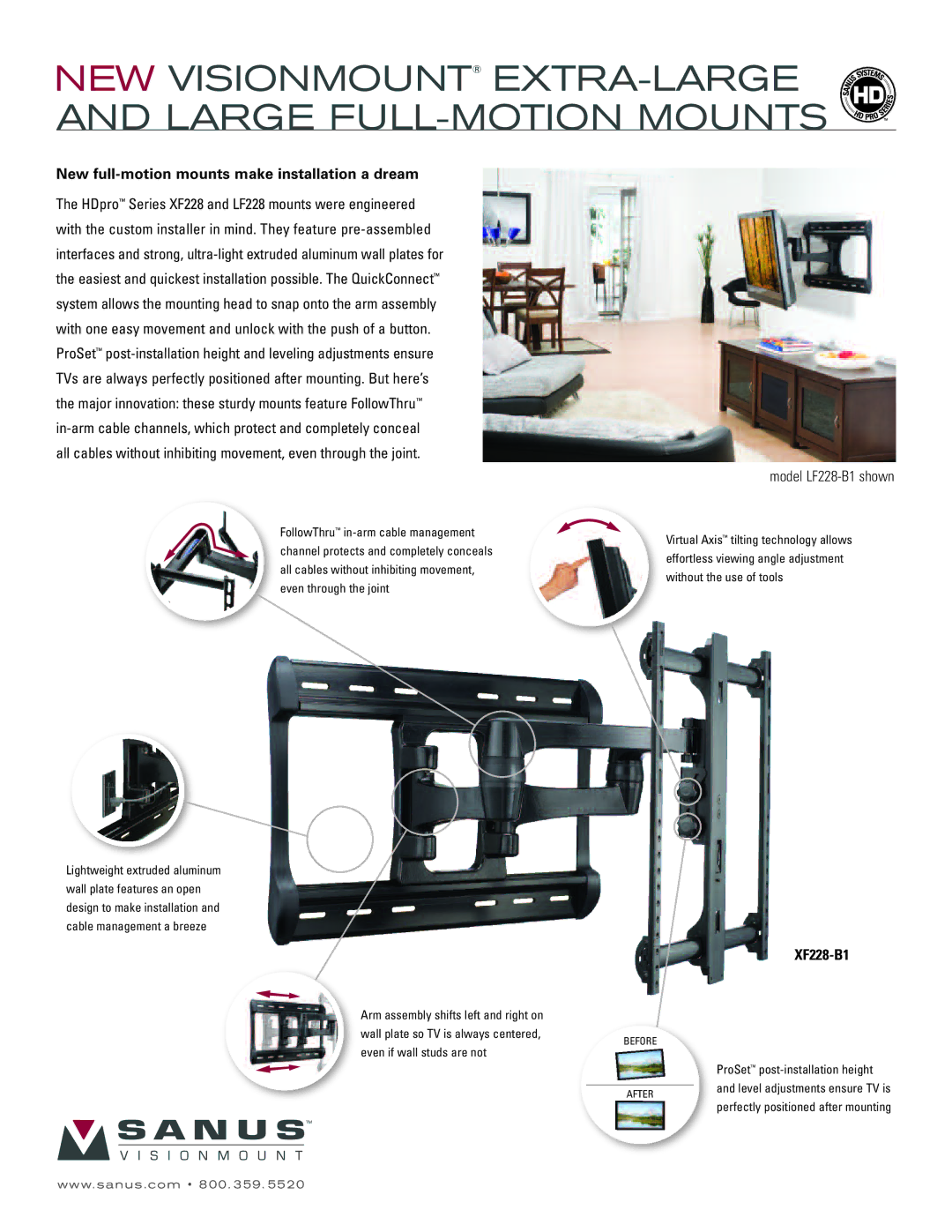 Sanus Systems LF228-B1 manual New full-motion mounts make installation a dream, XF228-B1 