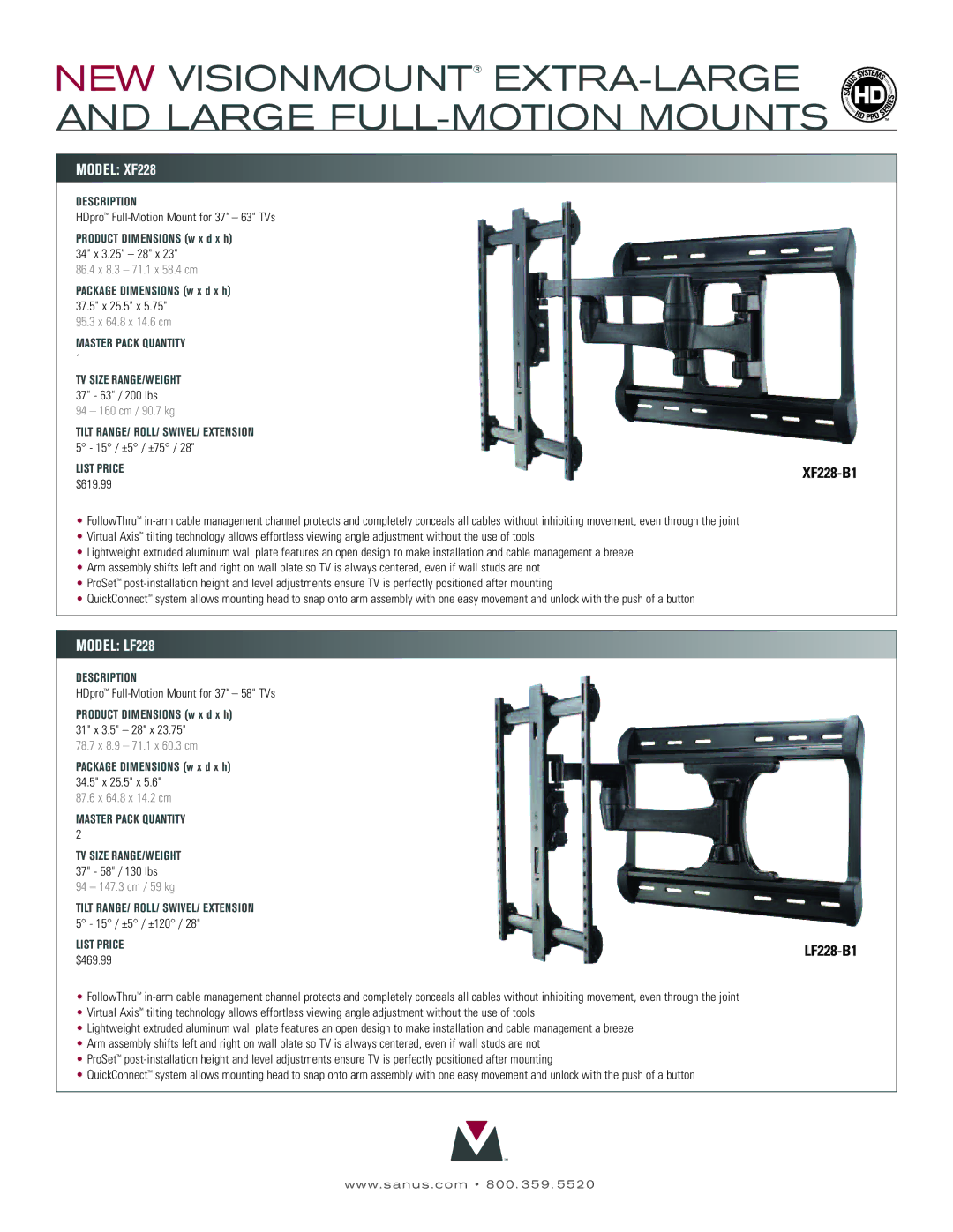 Sanus Systems LF228-B1 manual Model XF228, Model LF228 