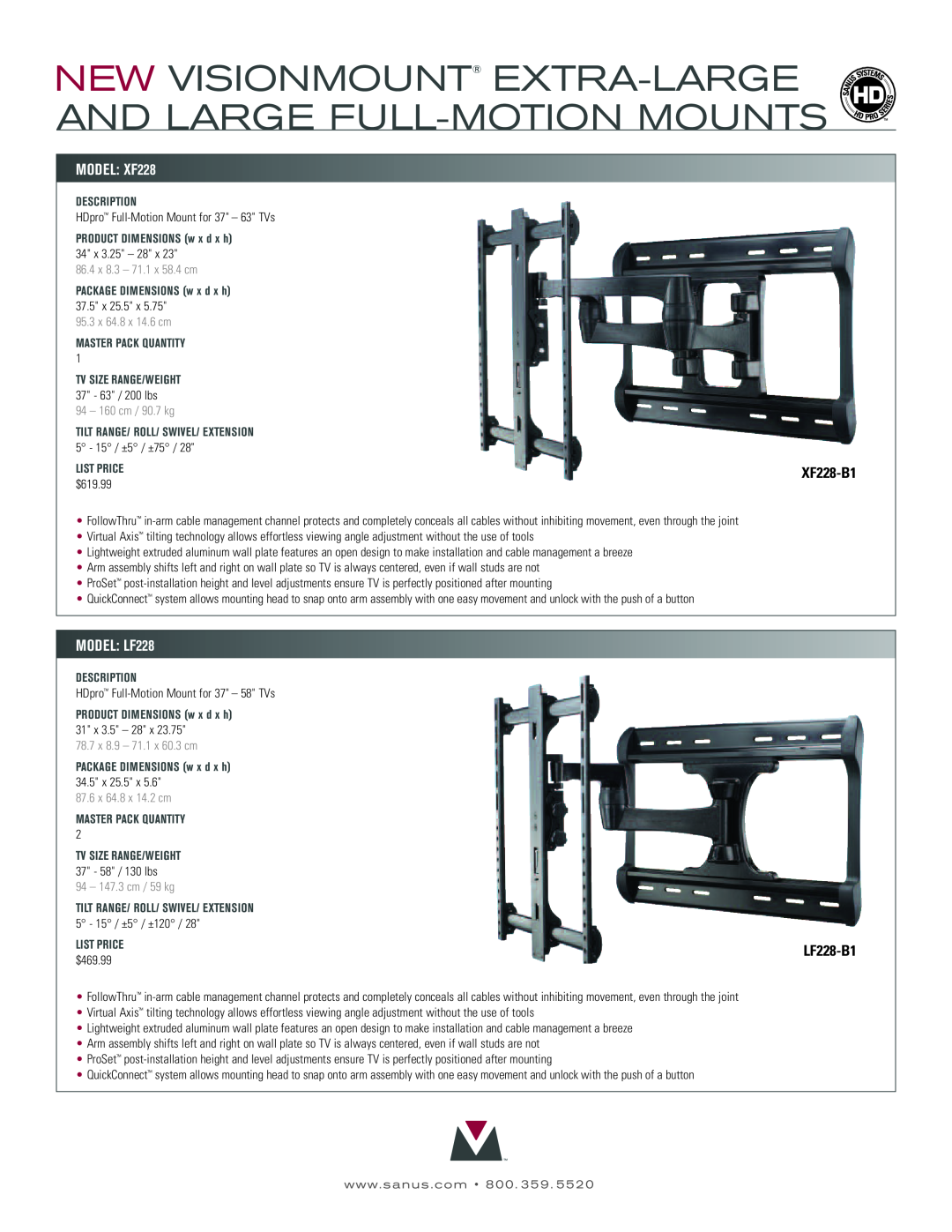 Sanus Systems LF228-B1 manual New Visionmount Extra-Large And Large Full-Motion Mounts, MODEL XF228, MODEL LF228, $619.99 