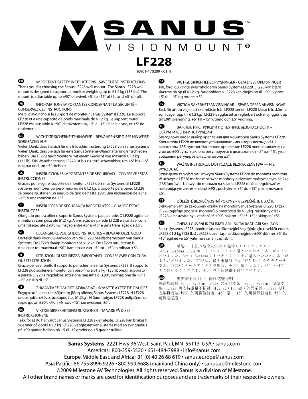 Sanus Systems LF228 important safety instructions 6901-170209 