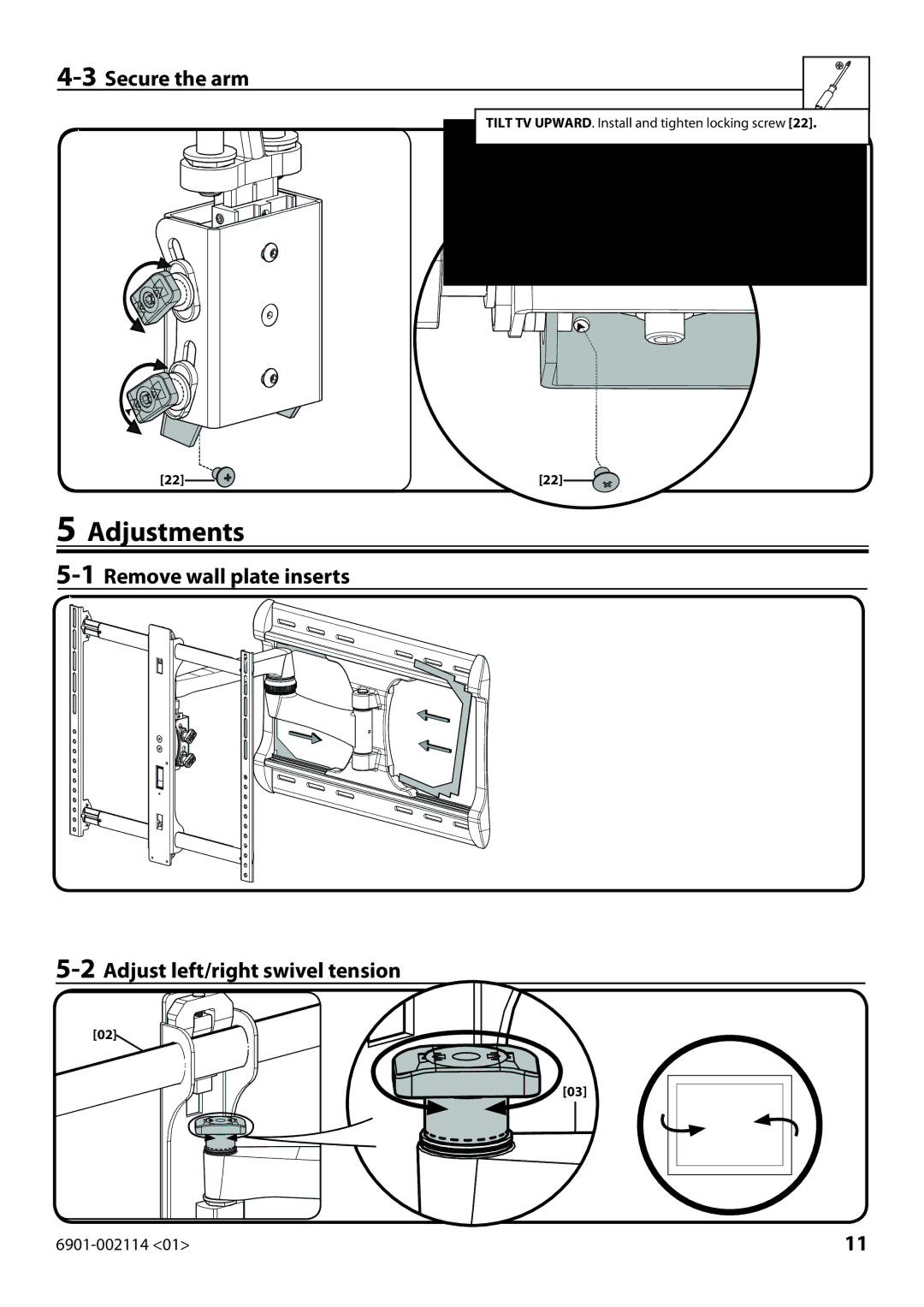 Sanus Systems LF228 instruction manual Adjustments, 3Secure the arm 