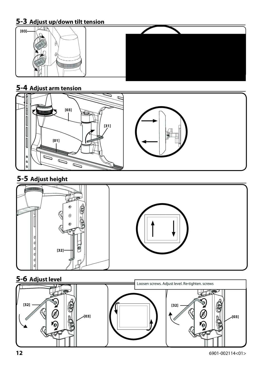 Sanus Systems LF228 instruction manual Loosen screws. Adjust level. Re-tighten. screws 