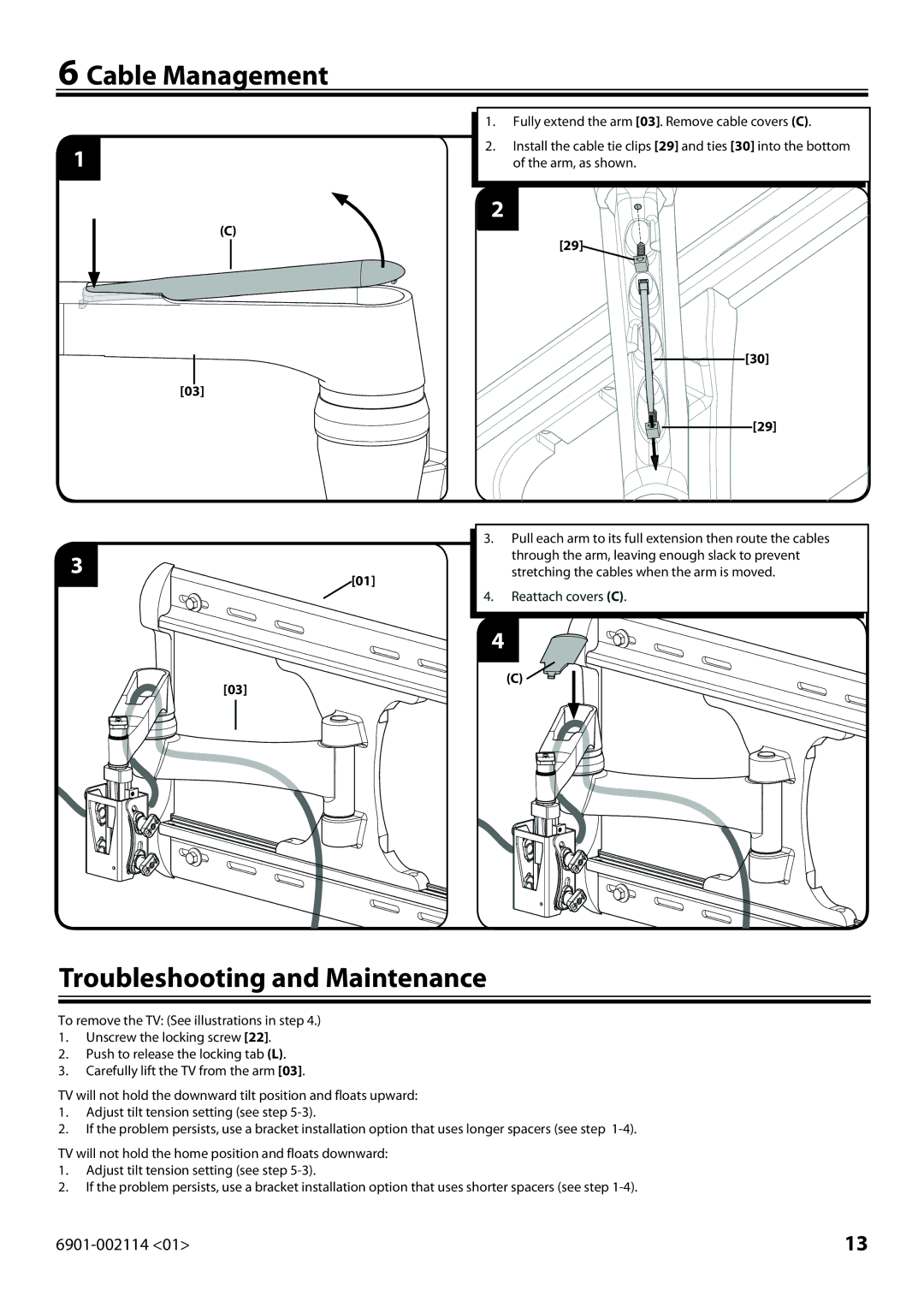 Sanus Systems LF228 instruction manual Cable Management, Troubleshooting and Maintenance 