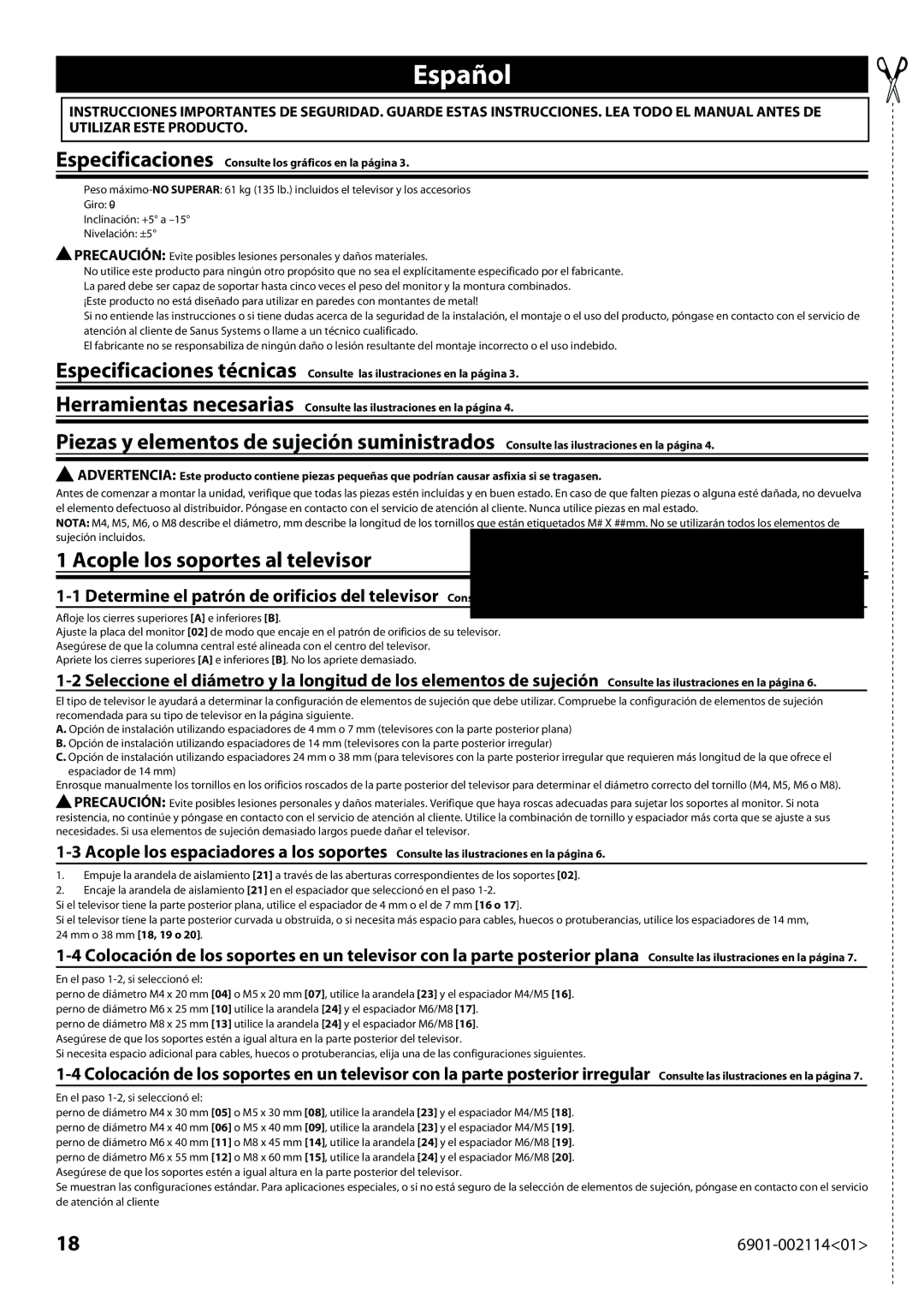 Sanus Systems LF228 Español, Acople los soportes al televisor, Especificaciones Consulte los gráficos en la página 